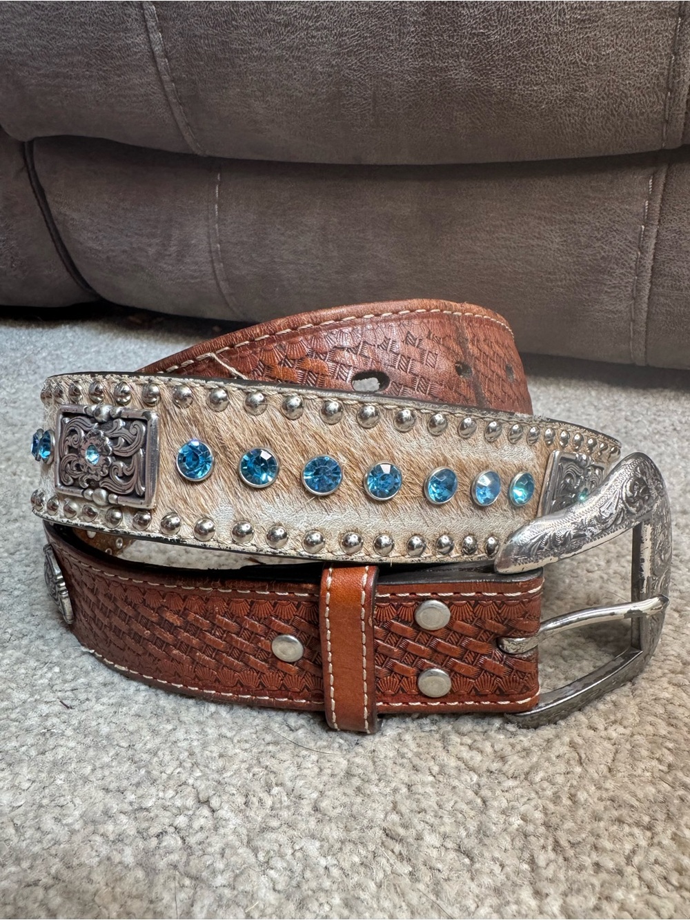 Nocona Belt Co. Tooled Leather Belt with Turquoise Rhinestones & Cowhide